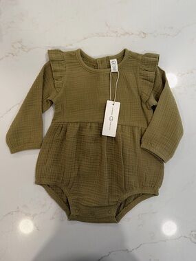 Colored Organics Olive Green Ruffle Long-Sleeve Baby One-Piece